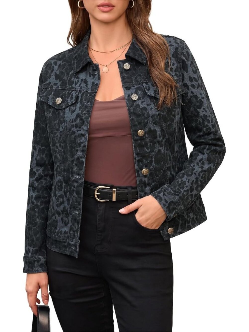 Women's Gray Leopard Print Denim Jean Jacket Western Casual Trucker Coat